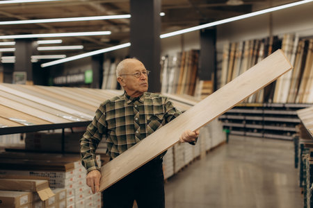 Senior man inspecting and selecting laminate flooring planks in a large diy store aisle for home renovation projectの写真素材