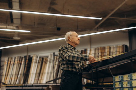 Senior man shopping for materials, carefully measuring a wood plank with a tape measure inside a modern hardware storeの写真素材