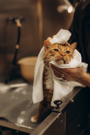 Human hands gently drying a fluffy ginger cat with a white towel after bath, pet grooming and wellness momentの写真素材