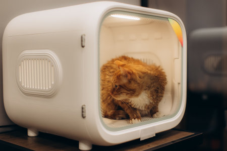 Ginger cat enjoying a comfortable and efficient grooming experience inside a modern automatic pet drying machineの写真素材