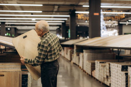 Elderly man selecting timber boards in a large diy home improvement store aisle, inspecting lumber for a renovation projectの写真素材