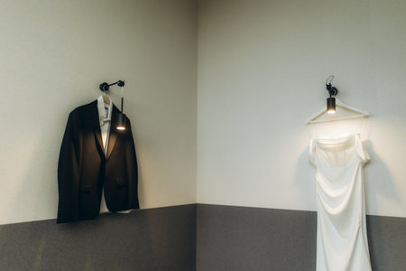 Bride's white wedding gown and groom's black suit hang side by side on a clean wall, lit by spotlights, ready for the ceremonyの写真素材