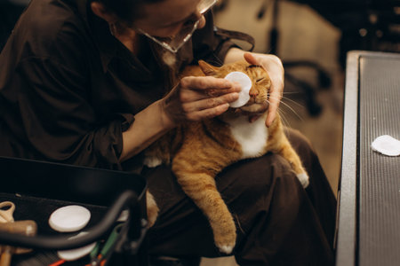 Professional groomer cleaning an orange cat's eye area with a cotton pad during pet hygiene and care sessionの写真素材