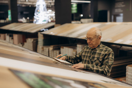 Senior man focused on his notepad, selecting flooring samples for a home improvement project in a hardware storeの写真素材