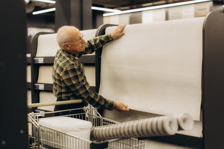 Elderly man carefully selecting a roll of wallpaper from a display in a hardware store for a diy home improvement projectの写真素材