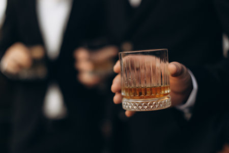 Man in a black suit holding an old fashioned glass filled with whiskey, enjoying an elegant social gathering or celebrationの写真素材
