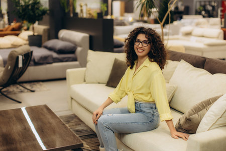 Young woman smiling, sitting on a cream sofa, considering new furniture for her home, shopping at a modern storeの写真素材