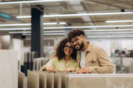 Young couple choosing new floor and wall tiles for their home interior renovation, standing together in a modern showroomの写真素材