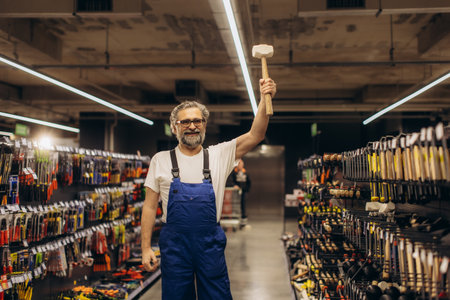 Mature man with bib overalls and safety glasses holding a rubber mallet high, standing cheerful in a large hardware shopの写真素材