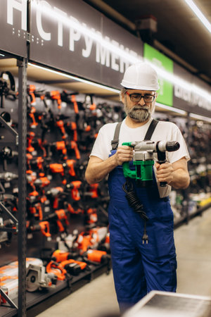 Mature man in hardhat and overalls holding a power drill, standing in a hardware department among many toolsの写真素材