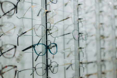 Stylish eyeglasses on display racks, offering various choices for vision correction and fashion in...