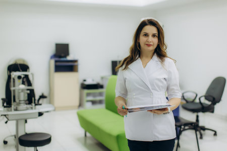 Female ophthalmologist in white coat stands in modern eye clinic holding patient chart and pen, attentive and professional during examの写真素材