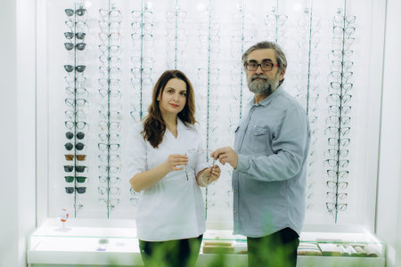 Optician helping a male customer select new glasses in an optical store, focusing on vision care and...