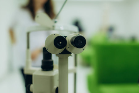 Slit lamp instrument on blurred background of a modern optometry clinic. Medical equipment for...
