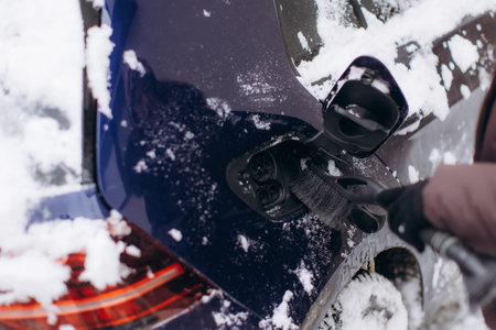 Person removing snow and ice from an ev charging port in winter, preparing for electric vehicle...