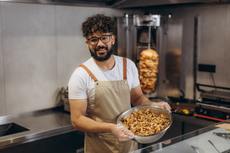 Male chef in a fast food kitchen preparing kebabs, holding a bowl of freshly carved meat. Vertical...