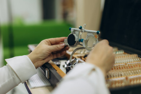 Optometrist's hands adjusting a trial frame, preparing for an eye exam and vision correction at an ophthalmology clinicの写真素材