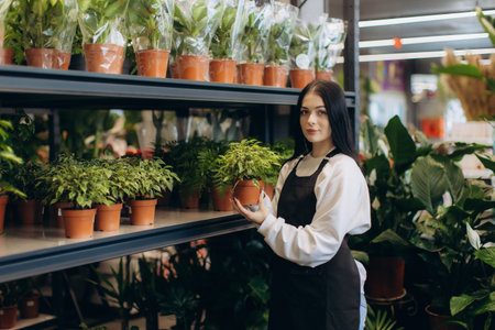 Young woman florist working in a plant shop, holding a potted green plant and surrounded by lush greenery on shelvesの写真素材