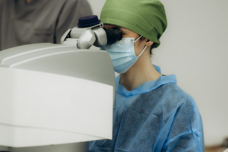 Female ophthalmologist wearing surgical mask and cap, using an advanced laser microscope for eye surgery in a healthcare settingの写真素材