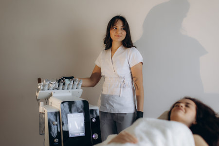 Professional aesthetician in uniform preparing advanced facial device for a client on a couch in a modern beauty salonの写真素材