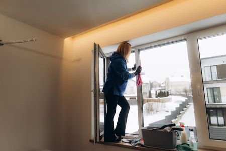 Professional cleaner wearing gloves washing a large window inside a modern house during cold weather, ensuring hygieneの写真素材