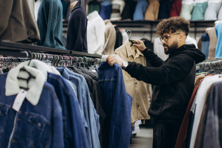 Young bearded man with glasses browsing trendy jackets and hoodies on racks in a modern clothing...