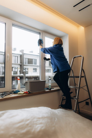 Woman standing on a ladder and cleaning a window with a blue microfiber cloth, ensuring a spotless viewの写真素材