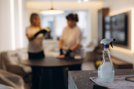 Cleaning spray bottle with two housekeepers in background wiping surfaces, emphasizing home hygiene and professional serviceの写真素材