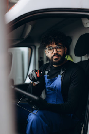 Young male technician wearing glasses and blue uniform overalls, holding diagnostic tool while sitting in a work vanの写真素材