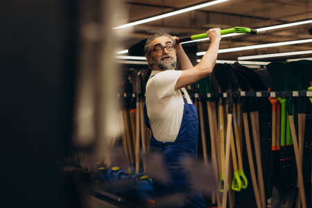 Mature man in overalls holding a shovel, looking surprised while choosing gardening tools at a...