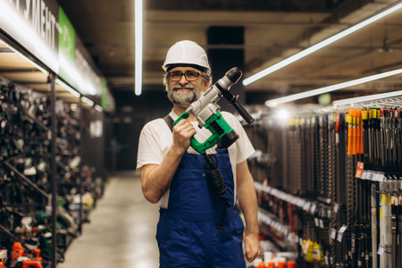 Mature man wearing a hard hat and overalls, smiling and holding a power tool in a hardware store...