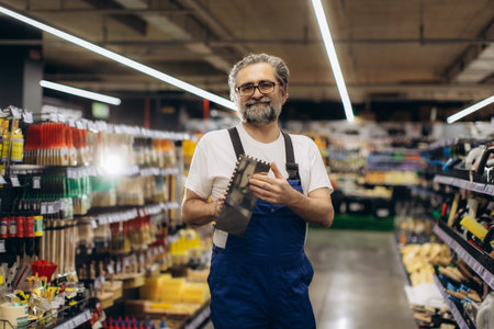 Smiling worker wearing overalls standing in an aisle of a diy store, holding construction tools and...