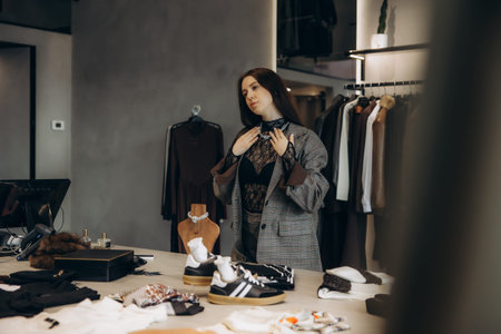 Young woman trying on a necklace in a stylish clothing boutique, exploring new fashion and...