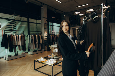 Young woman prepping stylish apparel on a modern boutique clothing rack, steaming garments and arranging displays for retail presentationの写真素材