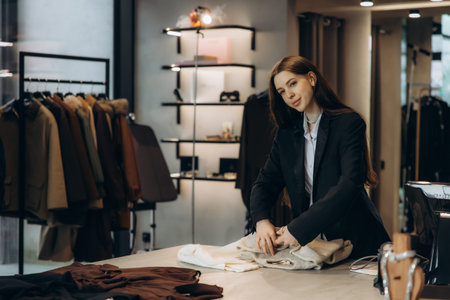 Young woman retail assistant working in a fashion store, folding clothes on a counter, providing...