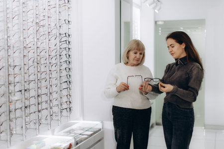 Optician assisting senior woman with choosing new eyeglasses frames at an optical store, providing...