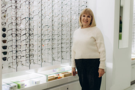 Happy senior woman standing in an optician shop, feeling young and vibrant, surrounded by various...