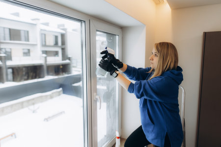 Woman in blue hoodie and black gloves cleaning a house window with a spray bottle, winter view...