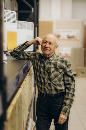 Smiling elderly man wearing a plaid shirt and leaning on a counter inside a modern shopping center...