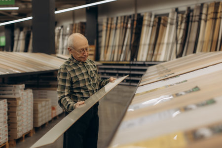 Senior man in plaid shirt examines laminate flooring planks in hardware store aisle, choosing materials for home renovation projectの写真素材