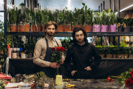 Two young men florists standing behind the counter in a flower shop, one holding a bunch of red...