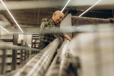 Mature man examining different wallpaper rolls for home improvement in a retail store, planning a...