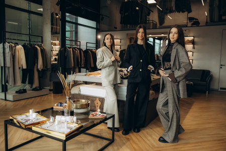 Three confident women standing elegantly in modern suits inside a retail clothing store, showcasing entrepreneurship and style