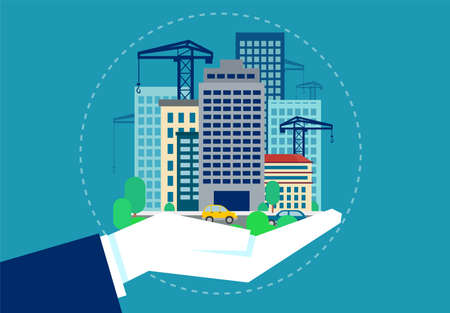 Flat design of business hand holding set of modern real estate and building for future investment. のイラスト素材