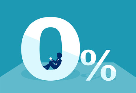 Flat style of man having low percentage for money loan on blue background. 