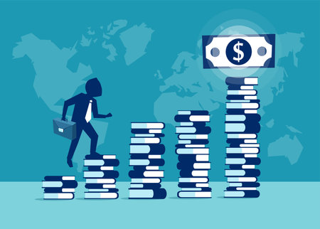 Vector picture of businessman climbing steps of books in desire to gain money. のイラスト素材