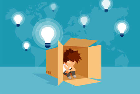 Concept vector illustration of kid sitting alone in box and thinking on problem.