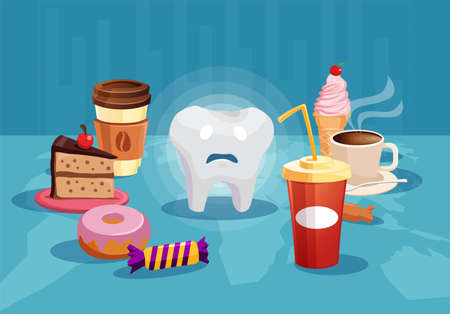 Concept illustration with sad tooth among sweet and bad food having danger of cavity. のイラスト素材