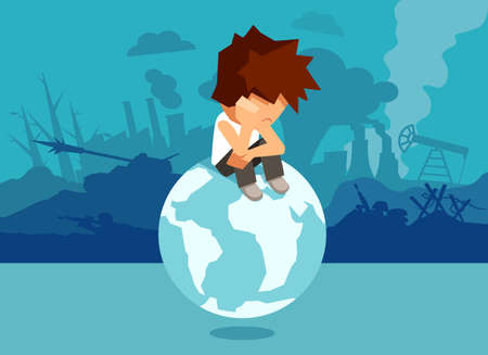 Concept illustration of unhappy abandoned boy sitting on globe and suffering from climate change and war and global problems. のイラスト素材