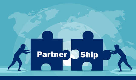 Flat style illustration of businesspeople stacking puzzle pieces creating new relations in business world.のイラスト素材